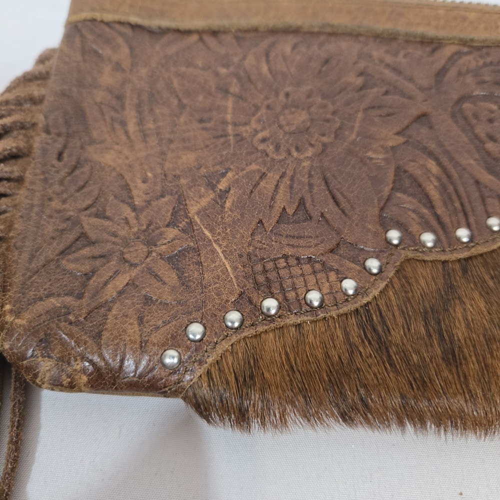 Montana West Genuine Leather Cowhide Fringe Crossbody Clutch Brown Western - Picture 3 of 14
